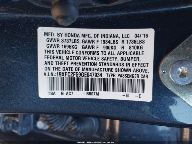 2016 Honda Civic Lx მანქანა იყიდება აუქციონზე, vin: 19XFC2F59GE047934, აუქციონის ნომერი: 44315876