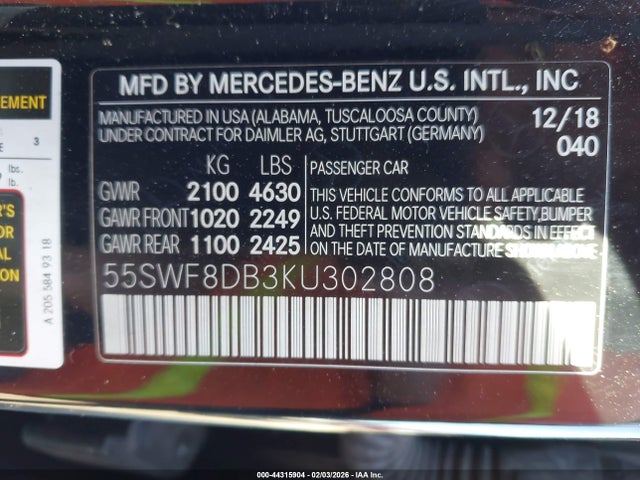Продажа на аукционе авто 2019 Mercedes-benz C 300, vin: 55SWF8DB3KU302808, номер лота: 44315904
