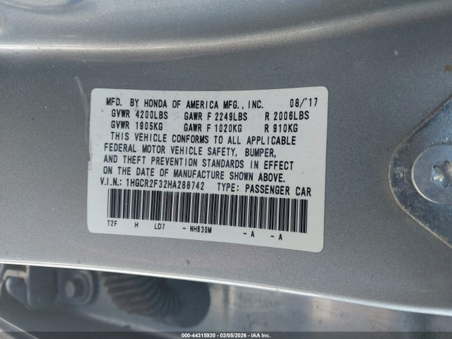 Aukcja sprzedaży 2017 Honda Accord Lx, vin: 1HGCR2F32HA288742, numer aukcji: 44315920