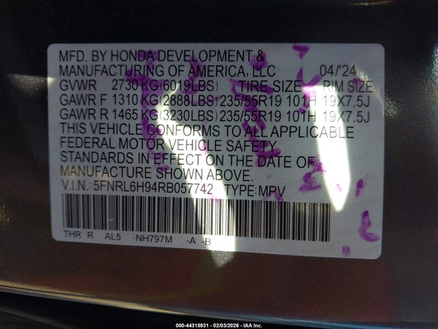 2024 HONDA ODYSSEY 5FNRL6H94RB057742 Photo 8