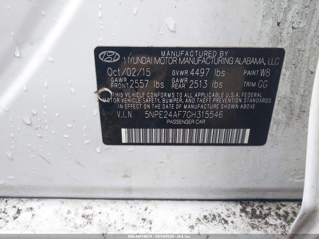 Aukcja sprzedaży 2016 Hyundai Sonata Se, vin: 5NPE24AF7GH315546, numer aukcji: 44316015