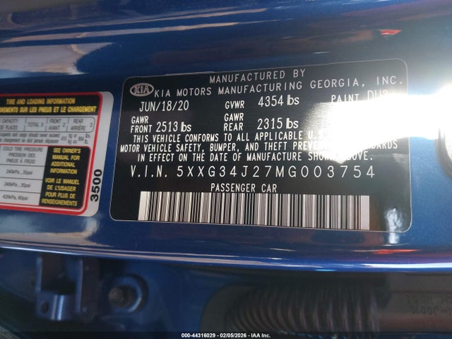 Aukcja sprzedaży 2021 Kia K5 Ex, vin: 5XXG34J27MG003754, numer aukcji: 44316029
