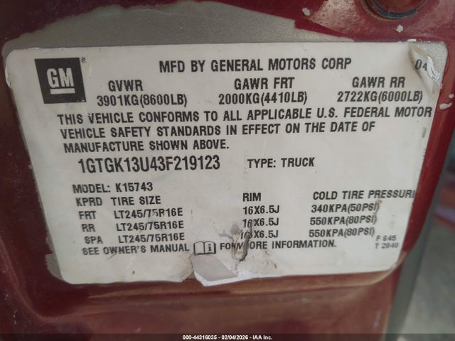 Aukcja sprzedaży 2003 Gmc Sierra 1500hd Slt, vin: 1GTGK13U43F219123, numer aukcji: 44316035