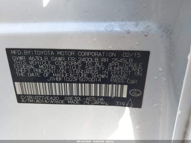 Aukcja sprzedaży 2015 Lexus Is 250, vin: JTHBF1D23F5070014, numer aukcji: 44316056