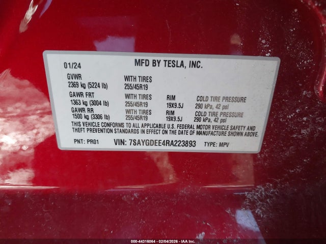 Продаж на аукціоні авто 2024 Tesla Model Y Long Range Dual Motor All-wheel Drive, vin: 7SAYGDEE4RA223893, номер лоту: 44316064