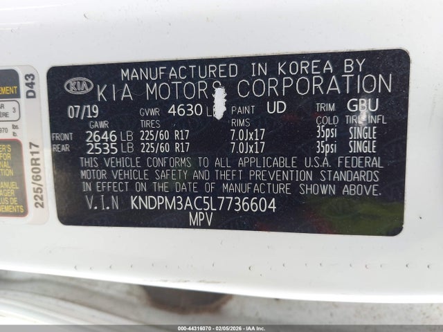 2020 Kia Sportage Lx მანქანა იყიდება აუქციონზე, vin: KNDPM3AC5L7736604, აუქციონის ნომერი: 44316070
