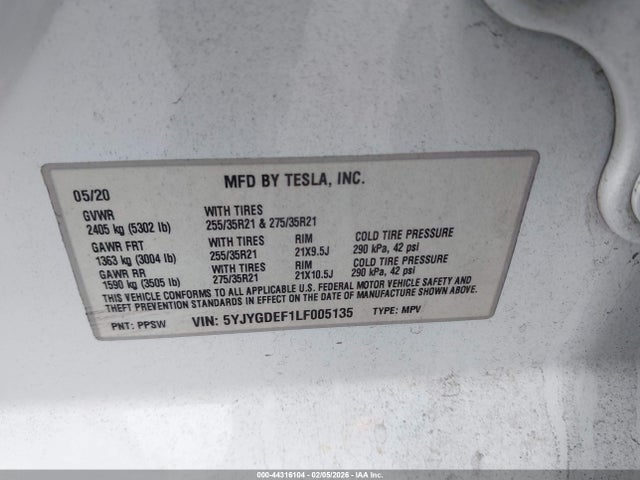 2020 TESLA MODEL Y 5YJYGDEF1LF005135 Photo 8