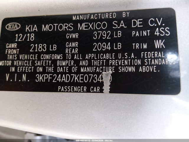 3KPF24AD7KE073440 KIA Forte Lxs
