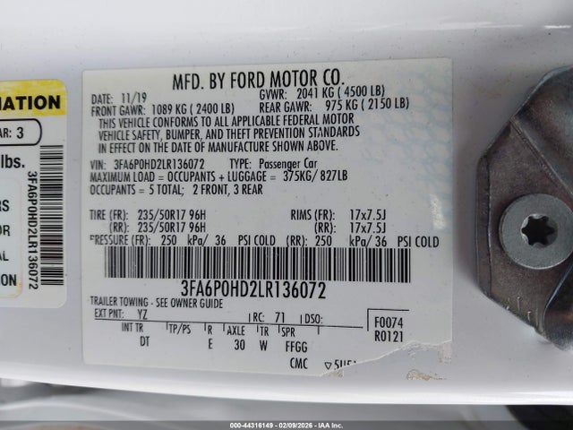 44316149 :رقم المزاد ، 3FA6P0HD2LR136072 vin ، 2020 Ford Fusion Se مزاد بيع