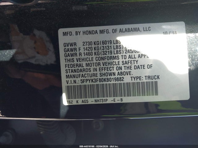 5FPYK3F80KB019882 Honda Ridgeline Black Edition