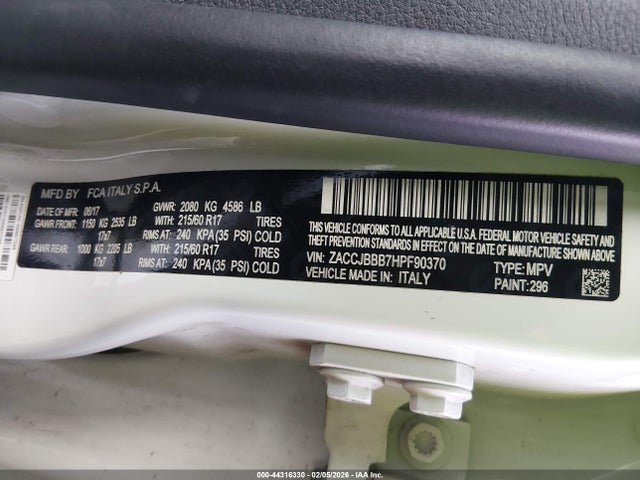 Aukcja sprzedaży 2017 Jeep Renegade Latitude 4x4, vin: ZACCJBBB7HPF90370, numer aukcji: 44316330