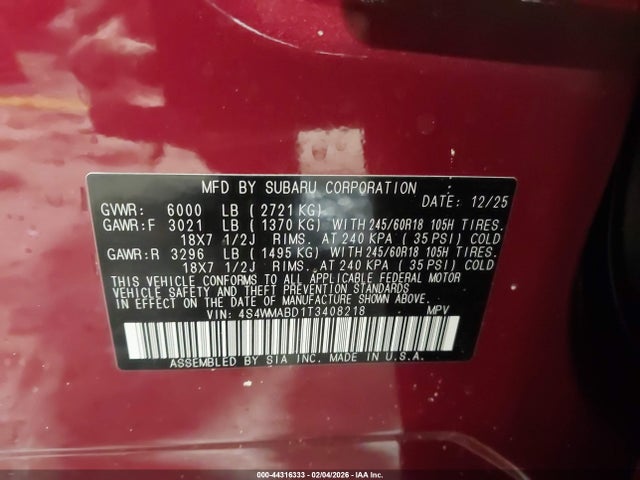 Aukcja sprzedaży 2026 Subaru Ascent Premium 7-passenger, vin: 4S4WMABD1T3408218, numer aukcji: 44316333