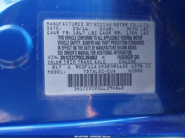 3N1CE2CP0GL394862 Nissan Versa Note Sv