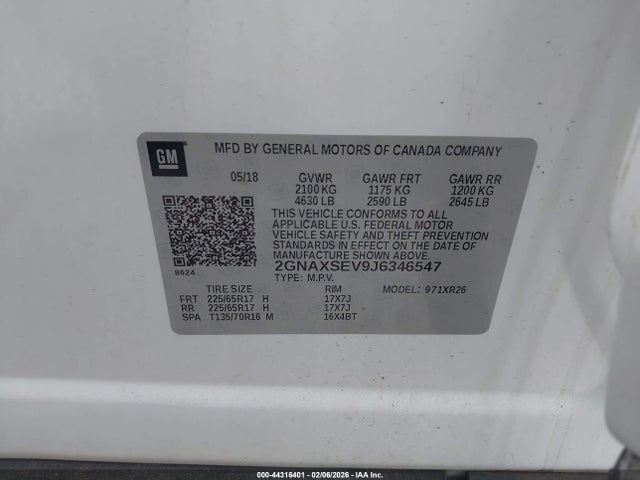 Aukcja sprzedaży 2018 Chevrolet Equinox Lt, vin: 2GNAXSEV9J6346547, numer aukcji: 44316401