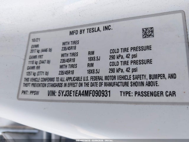 Aukcja sprzedaży 2021 Tesla Model 3 Standard Range Plus Rear-wheel Drive, vin: 5YJ3E1EA4MF090931, numer aukcji: 44316416