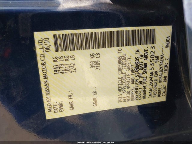 2010 Nissan Altima 2.5 S მანქანა იყიდება აუქციონზე, vin: 1N4AL2AP4AN535023, აუქციონის ნომერი: 44316458