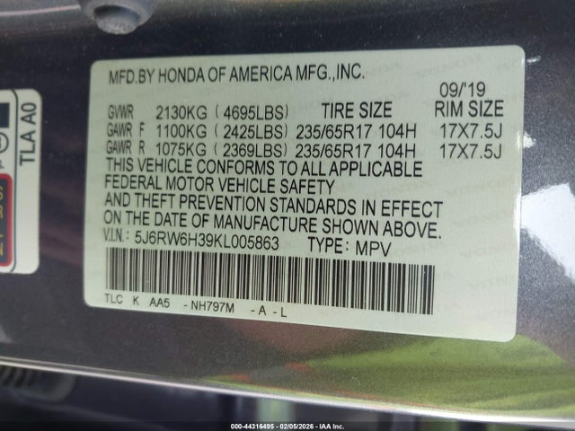 5J6RW6H39KL005863 Honda CR-V LX