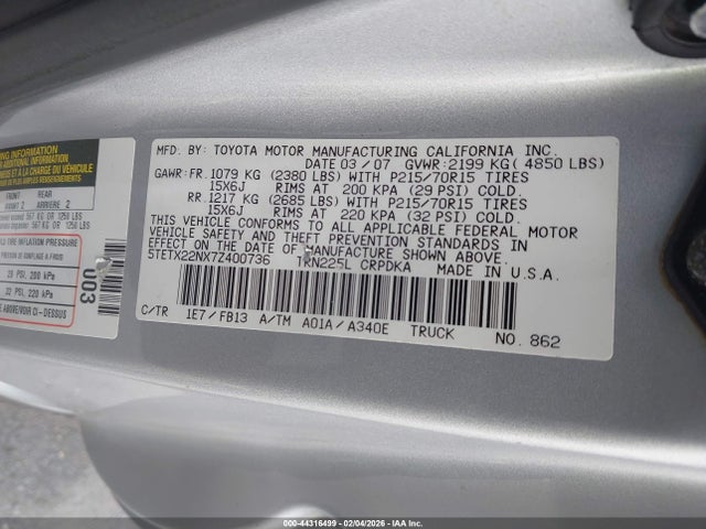 2007 TOYOTA TACOMA 5TETX22NX7Z400736 Photo 8