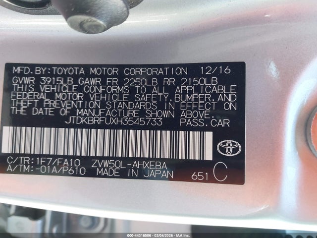 JTDKBRFUXH3545733 Toyota Prius Two