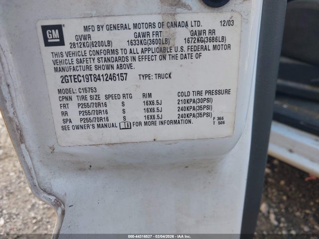 44316527 :رقم المزاد ، 2GTEC19T841246157 vin ، 2004 Gmc Sierra 1500 Sle مزاد بيع