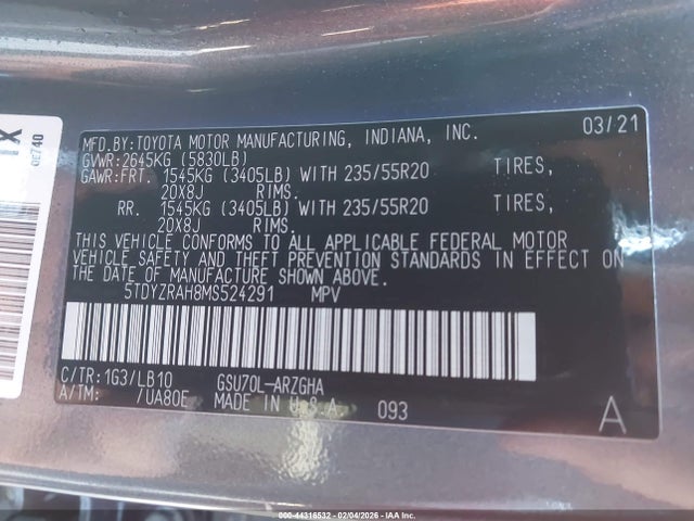 5TDYZRAH8MS524291 Toyota Highlander Limited