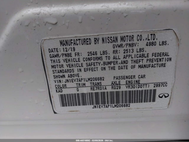 Aukcja sprzedaży 2020 Infiniti Q50 Luxe, vin: JN1EV7AP1LM206682, numer aukcji: 44316592