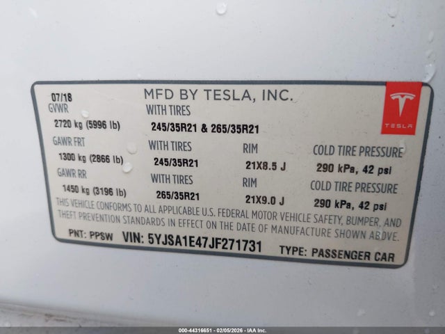 2018 TESLA MODEL S 5YJSA1E47JF271731 Photo 8