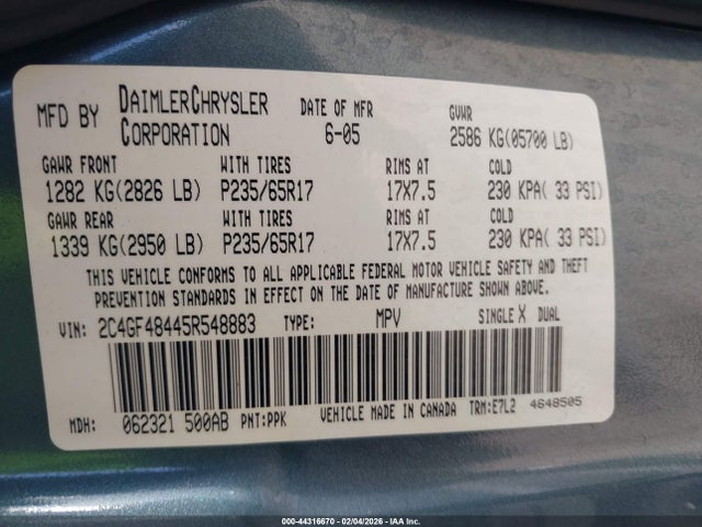 Aukcja sprzedaży 2005 Chrysler Pacifica, vin: 2C4GF48445R548883, numer aukcji: 44316670