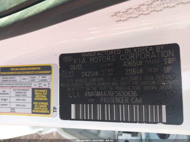Aukcja sprzedaży 2015 Kia Optima Lx, vin: KNAGM4A76F5630636, numer aukcji: 44316674