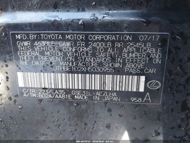 44316747 :رقم المزاد ، JTHBE1D2XH5030955 vin ، 2017 Lexus Is 350 مزاد بيع