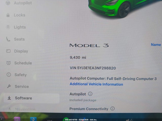 44316750 :رقم المزاد ، 5YJ3E1EA3NF298820 vin ، 2022 Tesla Model 3 Rear-wheel Drive مزاد بيع