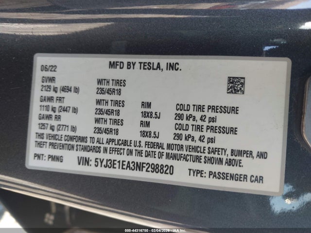 44316750 :رقم المزاد ، 5YJ3E1EA3NF298820 vin ، 2022 Tesla Model 3 Rear-wheel Drive مزاد بيع