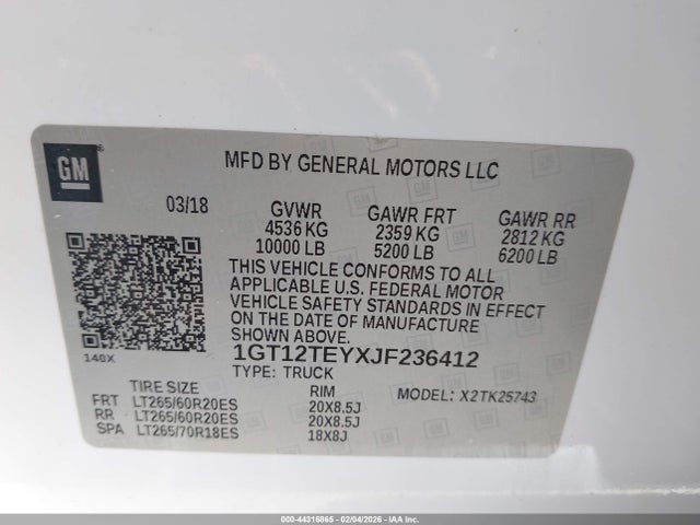 Продаж на аукціоні авто 2018 Gmc Sierra 2500hd Slt, vin: 1GT12TEYXJF236412, номер лоту: 44316865