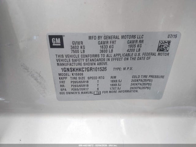 Продаж на аукціоні авто 2016 Chevrolet Suburban Lt, vin: 1GNSKHKC7GR101526, номер лоту: 44316872