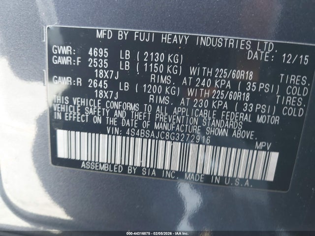 4S4BSAJC8G3272916 Subaru Outback 2.5i Limited