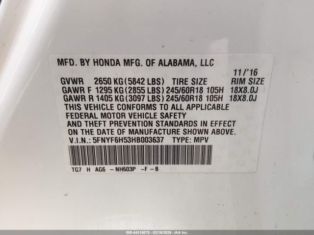 5FNYF6H53HB003637 Honda Pilot Ex-l