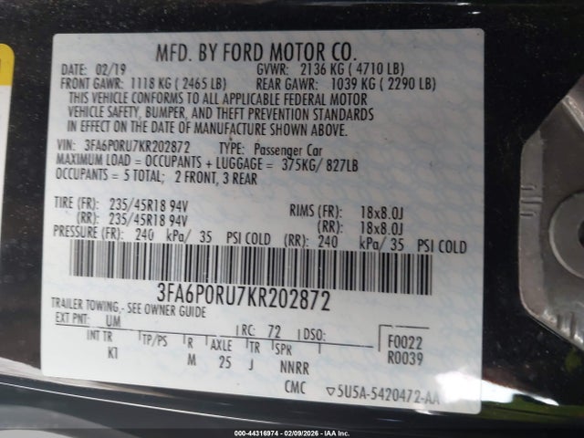 2019 FORD FUSION HYBRID 3FA6P0RU7KR202872 Photo 8