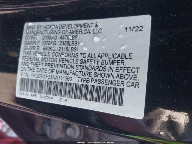 Aukcja sprzedaży 2022 Honda Accord Sport, vin: 1HGCV1F31NA111360, numer aukcji: 44317028