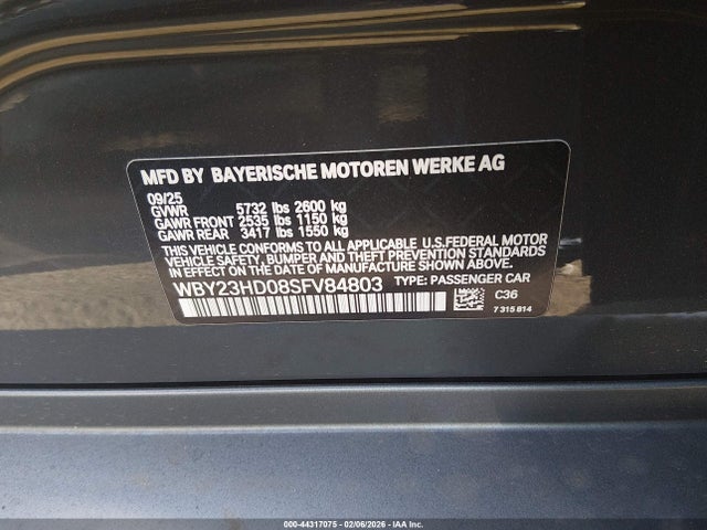 44317075 :رقم المزاد ، WBY23HD08SFV84803 vin ، 2025 Bmw I4 Gran Coupe Edrive40 مزاد بيع