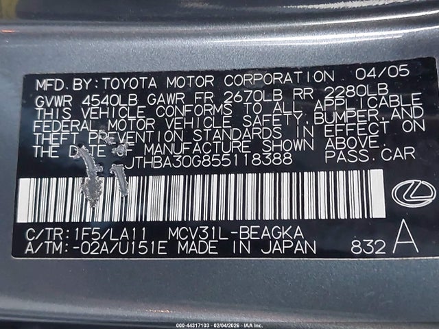2005 LEXUS ES 330 JTHBA30G855118388 Photo 8