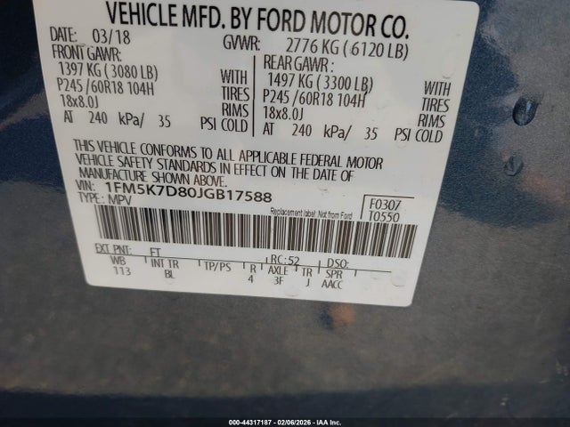 2018 Ford Explorer Xlt მანქანა იყიდება აუქციონზე, vin: 1FM5K7D80JGB17588, აუქციონის ნომერი: 44317187