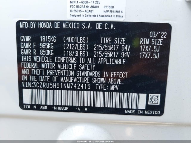 3CZRU5H51NM742415 Honda Hr-v 2wd Ex
