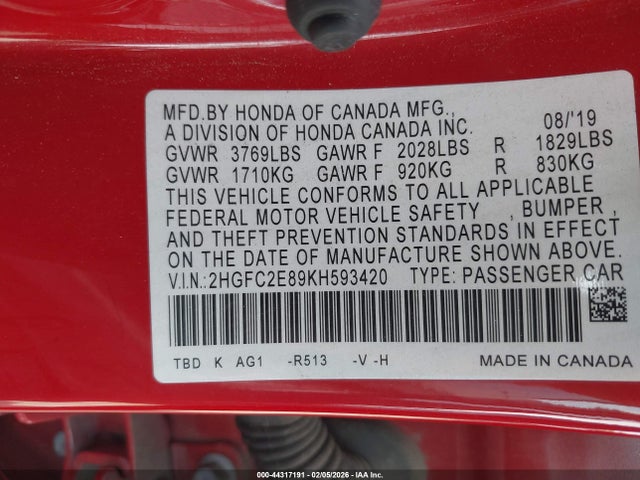 2HGFC2E89KH593420 Honda Civic Sport