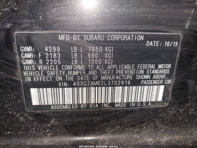 44317206 :رقم المزاد ، 4S3GTAM62L3702916 vin ، 2020 Subaru Impreza Sport 5-door مزاد بيع