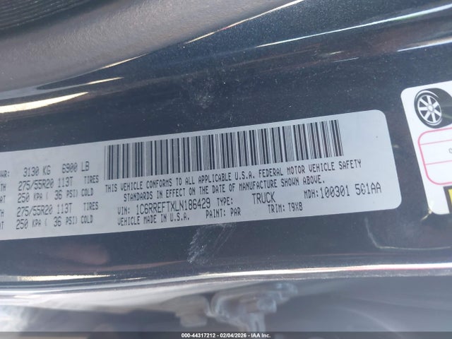 2020 Ram 1500 Big Horn  4x2 5'7 Box მანქანა იყიდება აუქციონზე, vin: 1C6RREFTXLN186429, აუქციონის ნომერი: 44317212