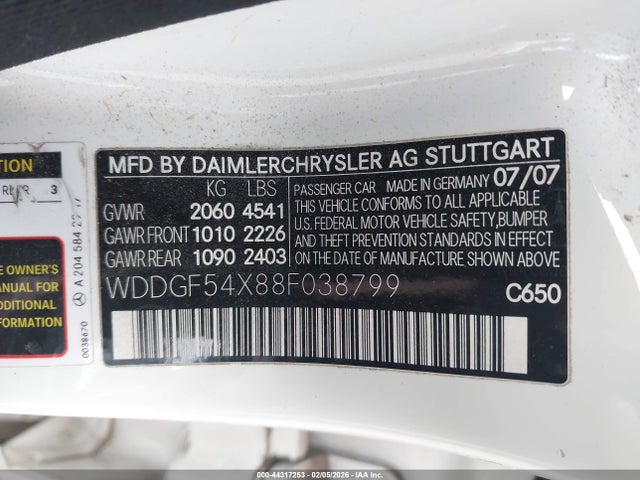 44317253 :رقم المزاد ، WDDGF54X88F038799 vin ، 2008 Mercedes-benz C 300 Luxury/sport مزاد بيع