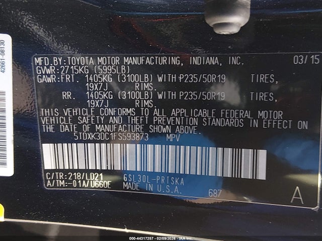 5TDXK3DC1FS593873 Toyota Sienna Se Premium 8 Passenger