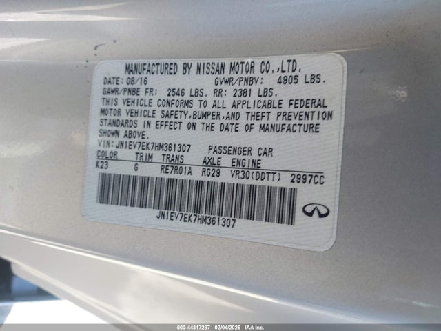 44317287 :رقم المزاد ، JN1EV7EK7HM361307 vin ، 2017 Infiniti Q60 3.0t Premium مزاد بيع