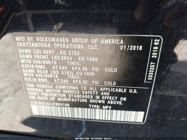 2018 Volkswagen Atlas 3.6l V6 Se/3.6l V6 Se W/technology მანქანა იყიდება აუქციონზე, vin: 1V2LR2CA2JC553105, აუქციონის ნომერი: 44317296