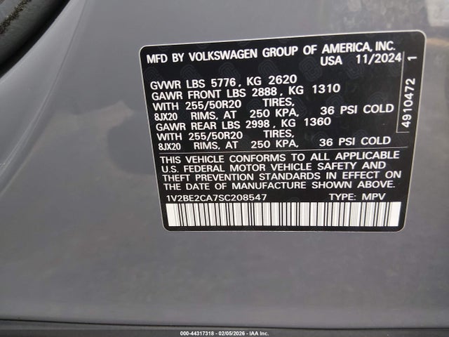 2025 Volkswagen Atlas Cross Sport 2.0t Sel მანქანა იყიდება აუქციონზე, vin: 1V2BE2CA7SC208547, აუქციონის ნომერი: 44317318